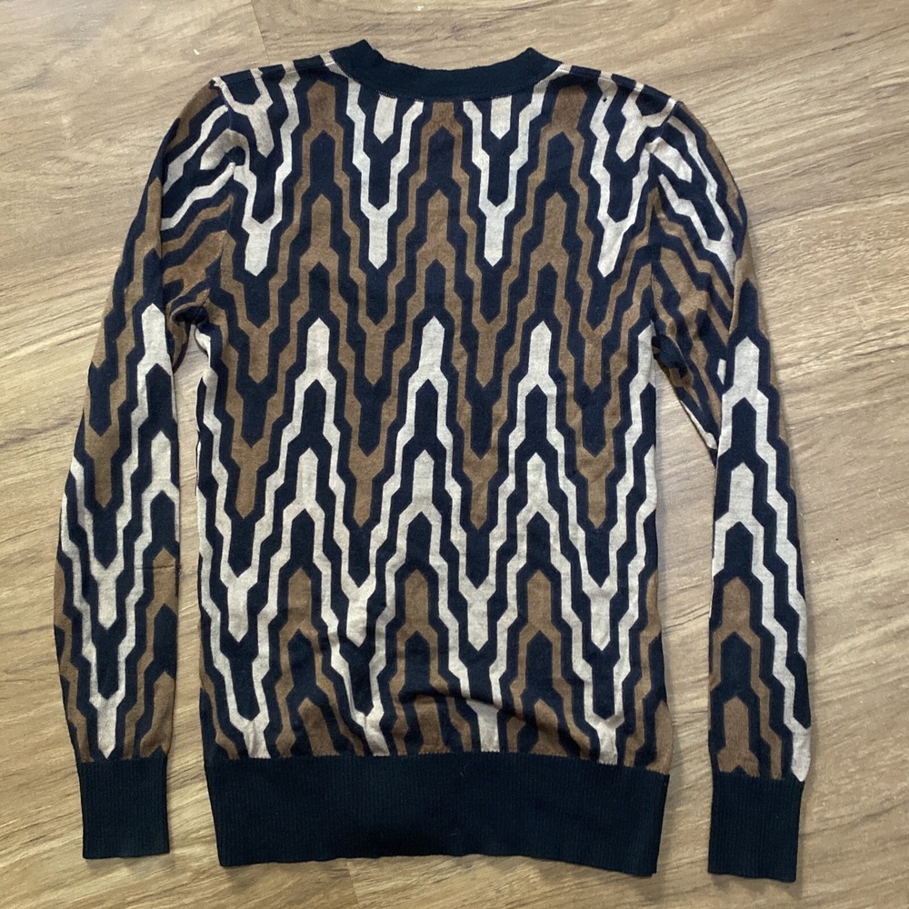 Tory Burch Merino Wool Gold Button L/S Black brown Geometric Cardigan Sz XS - Picture 2 of 8